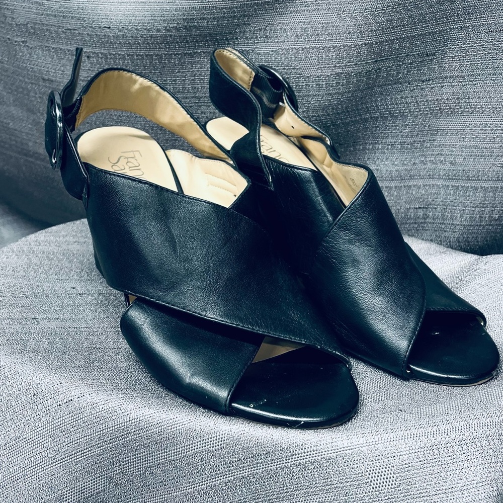 Franco Sarto Black Leather Block Heels Size 9